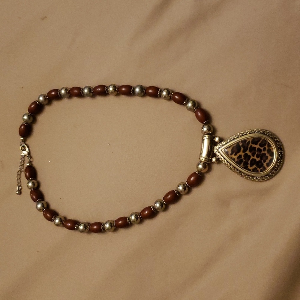 Gold Tone and Brown Necklace with Large Cheetah Medallion Pendant